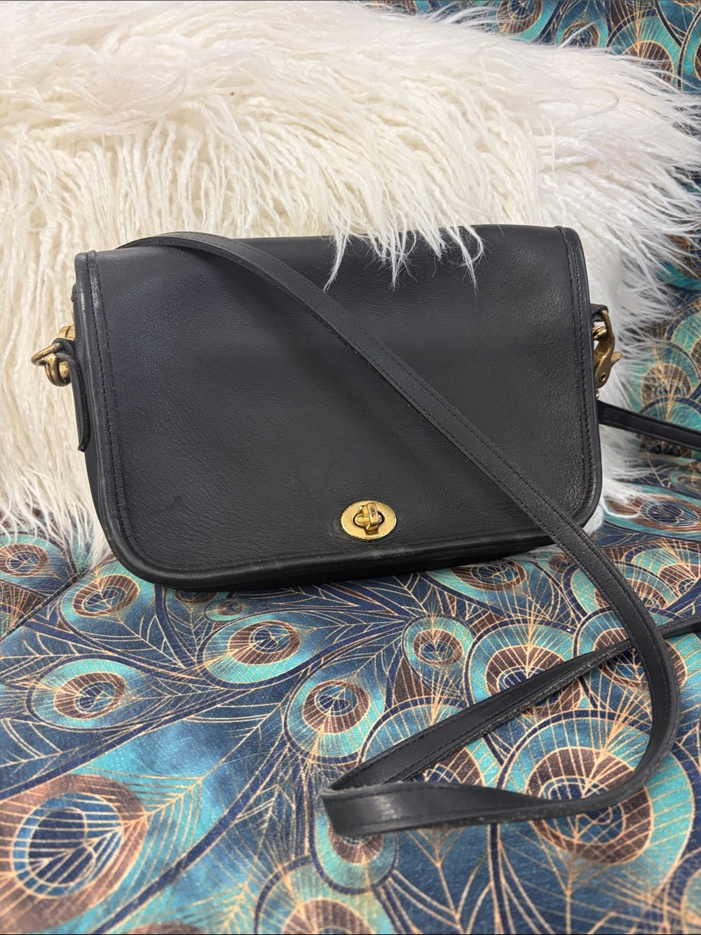 Vintage Coach Black Leather Crossbody with Gold Hardware